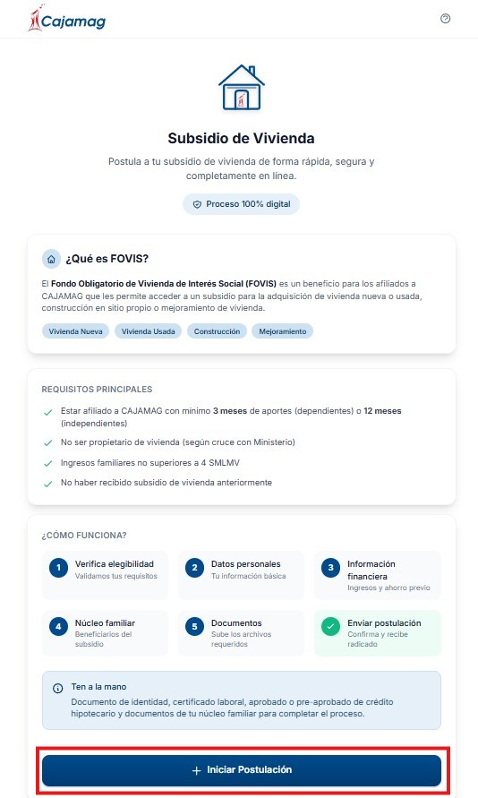 Home con botón Iniciar Postulación resaltado