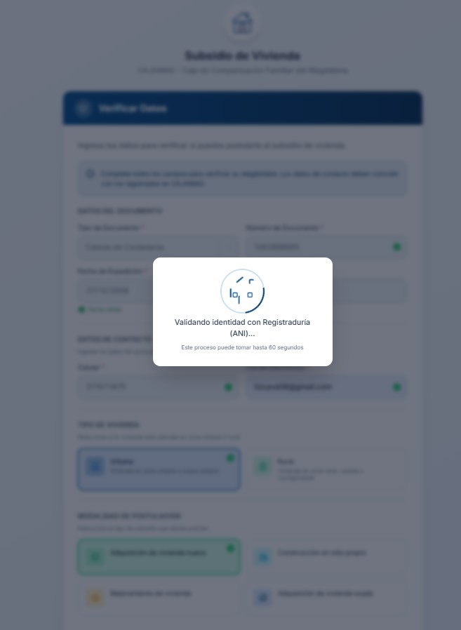 Pantalla de carga durante validación