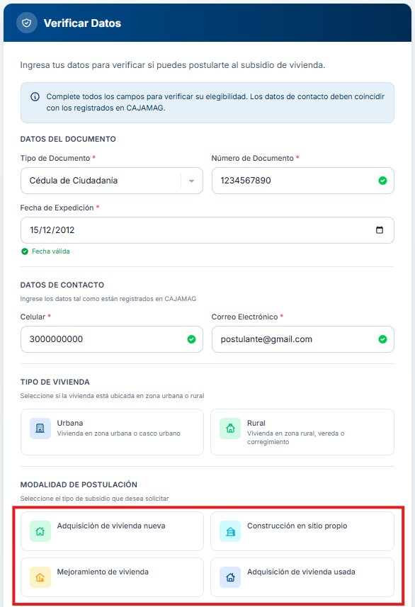 Selección de modalidad de subsidio