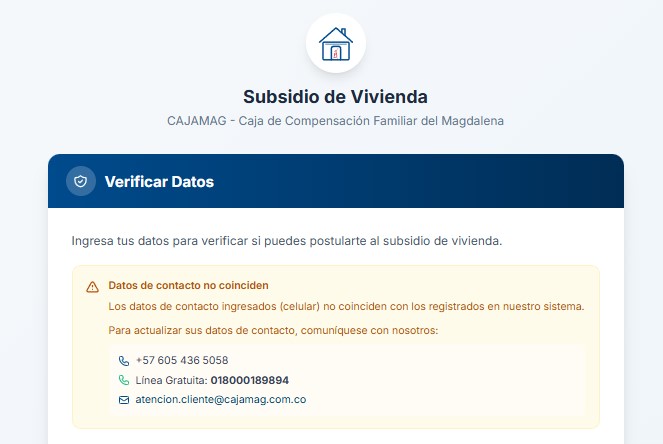 Error: Datos de contacto no coinciden